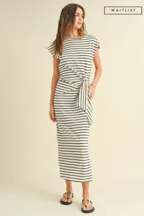 Waitlist 2/5 ♥ Avril Short Sleeve Knot Stripe Print Midi Dress White