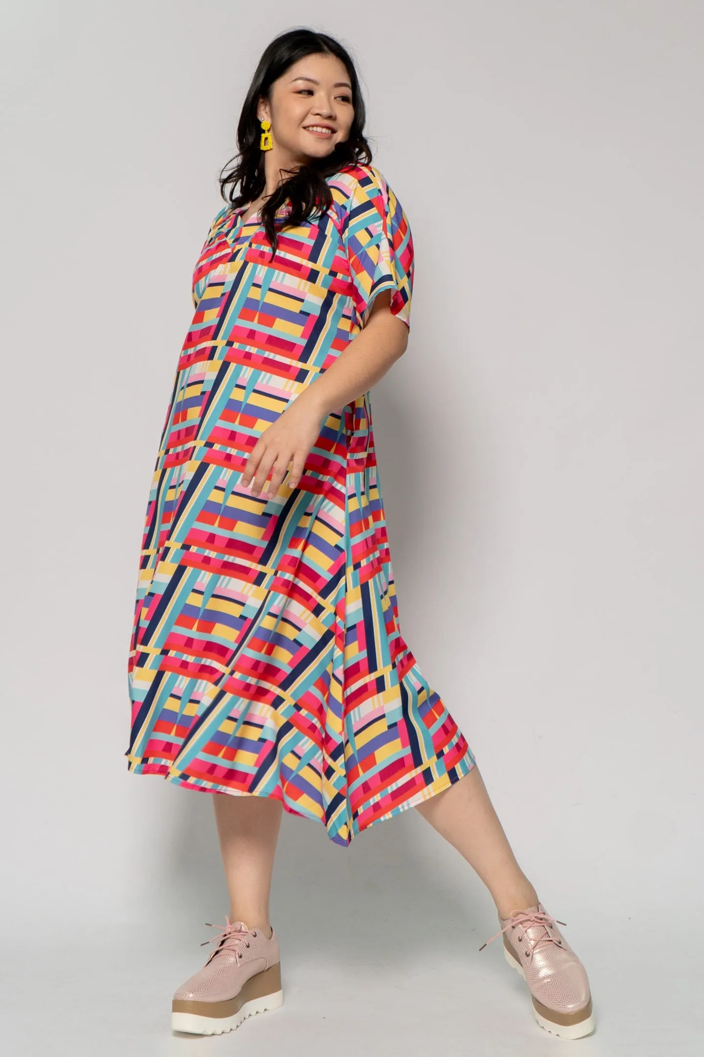 Whitney V Dress in Rainbow Geometric