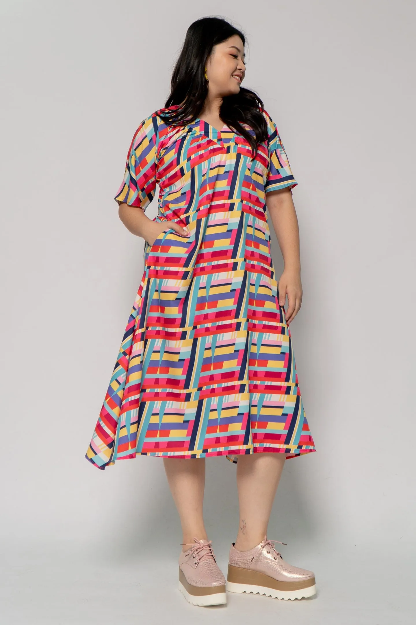 Whitney V Dress in Rainbow Geometric