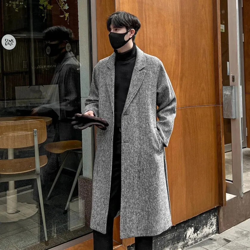 Wiaofellas Korean Trend Men's Trench Couples Loose Casual Overcoat Autumn Winter Fashion New Single-breasted Woolen Long Coat