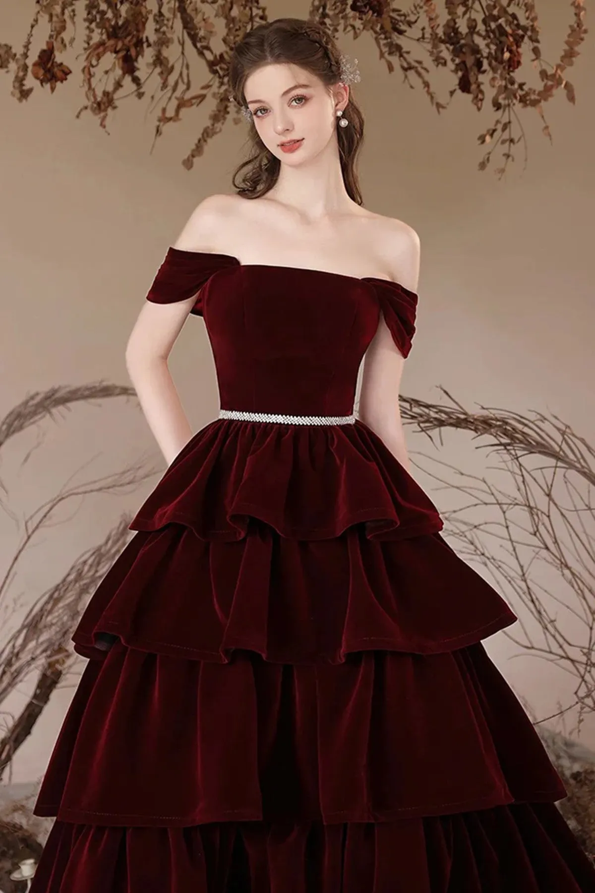 Wine Red Layers Velvet Off Shoulder Prom Dress, Wine Red Party Dress