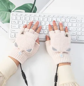 Winter Office USB Heating Warm Half Finger with Cover Gloves Heated Pad, Size: Free Size(Beige)