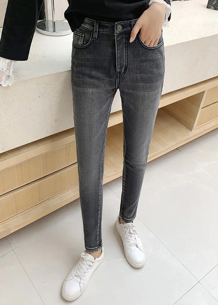 Winter Thick Velvet Women High Waist Skinny Jeans Simple Slim Fit