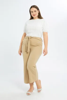 Women Beige Button Detail Belted Trouser