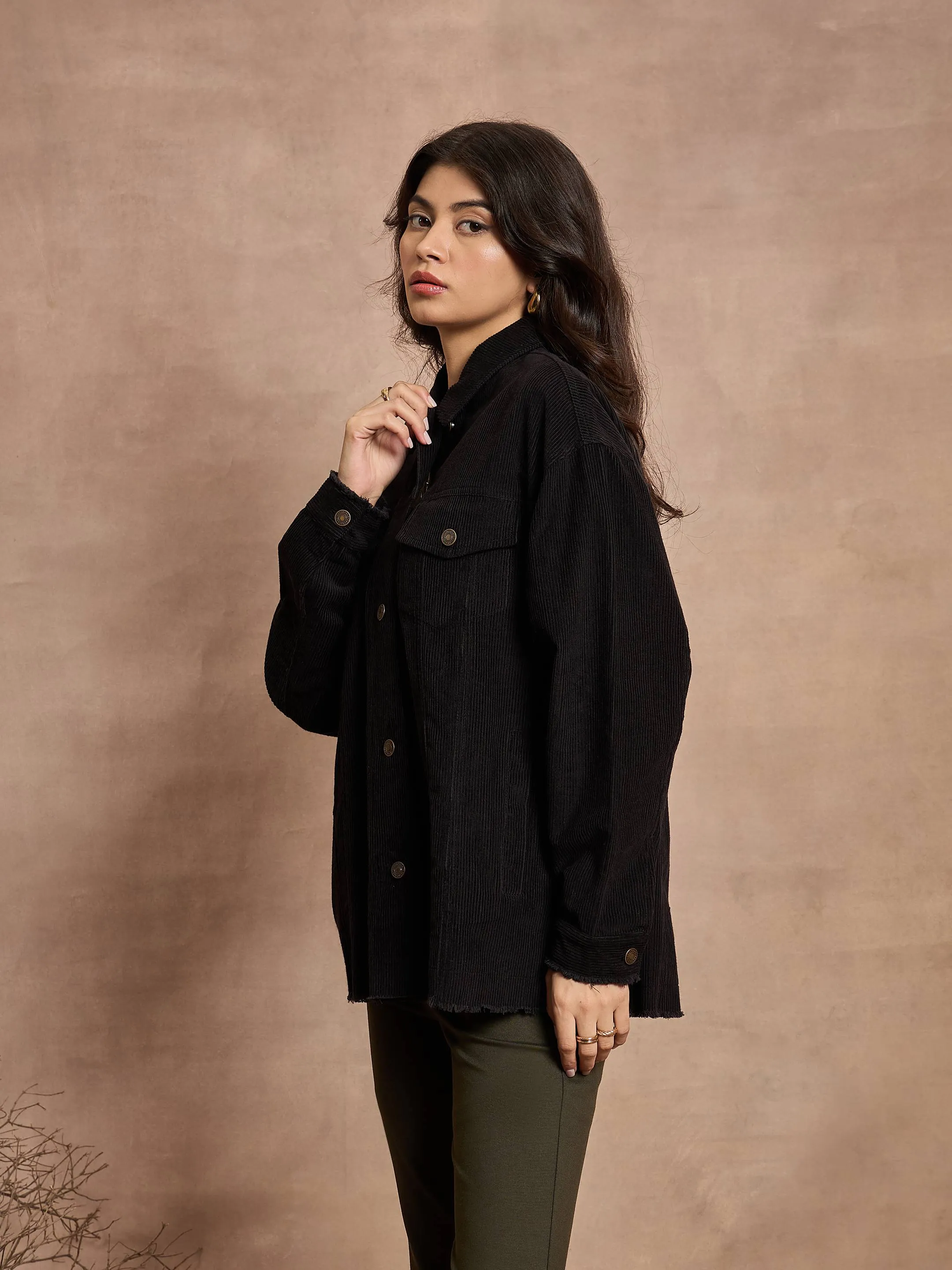 Women Black Corduroy Oversize Shacket