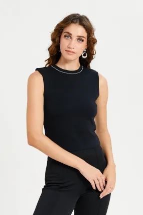 Women Black Rhinestone Detail Sleeveless Top