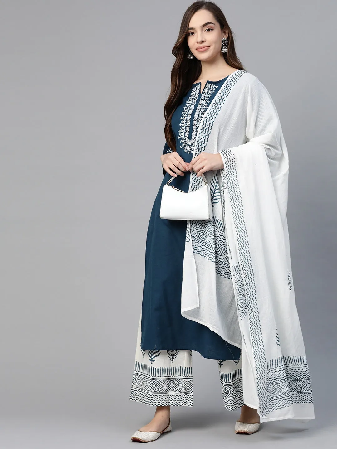 Women Blue And White Straight Dupatta Set