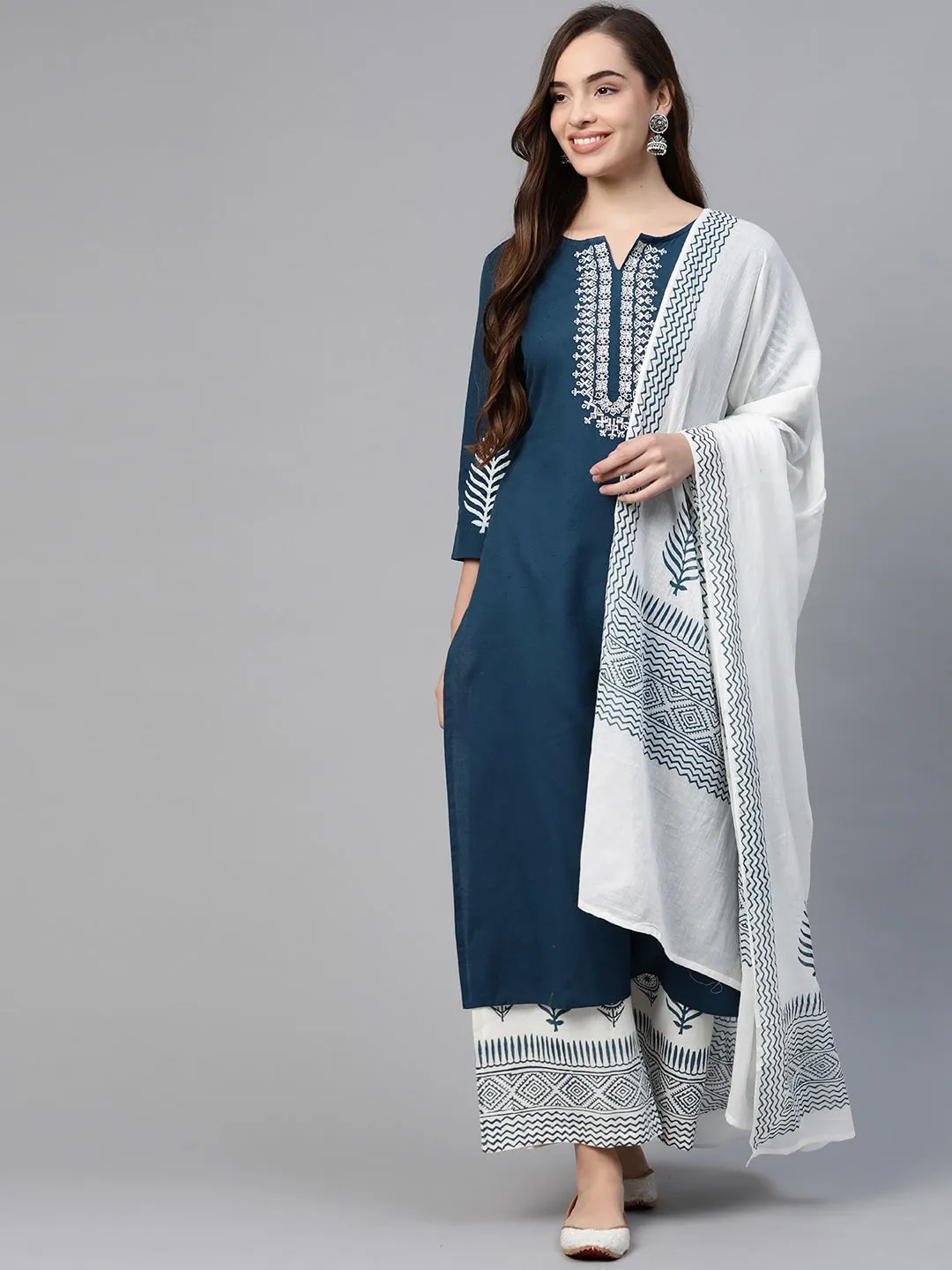 Women Blue And White Straight Dupatta Set