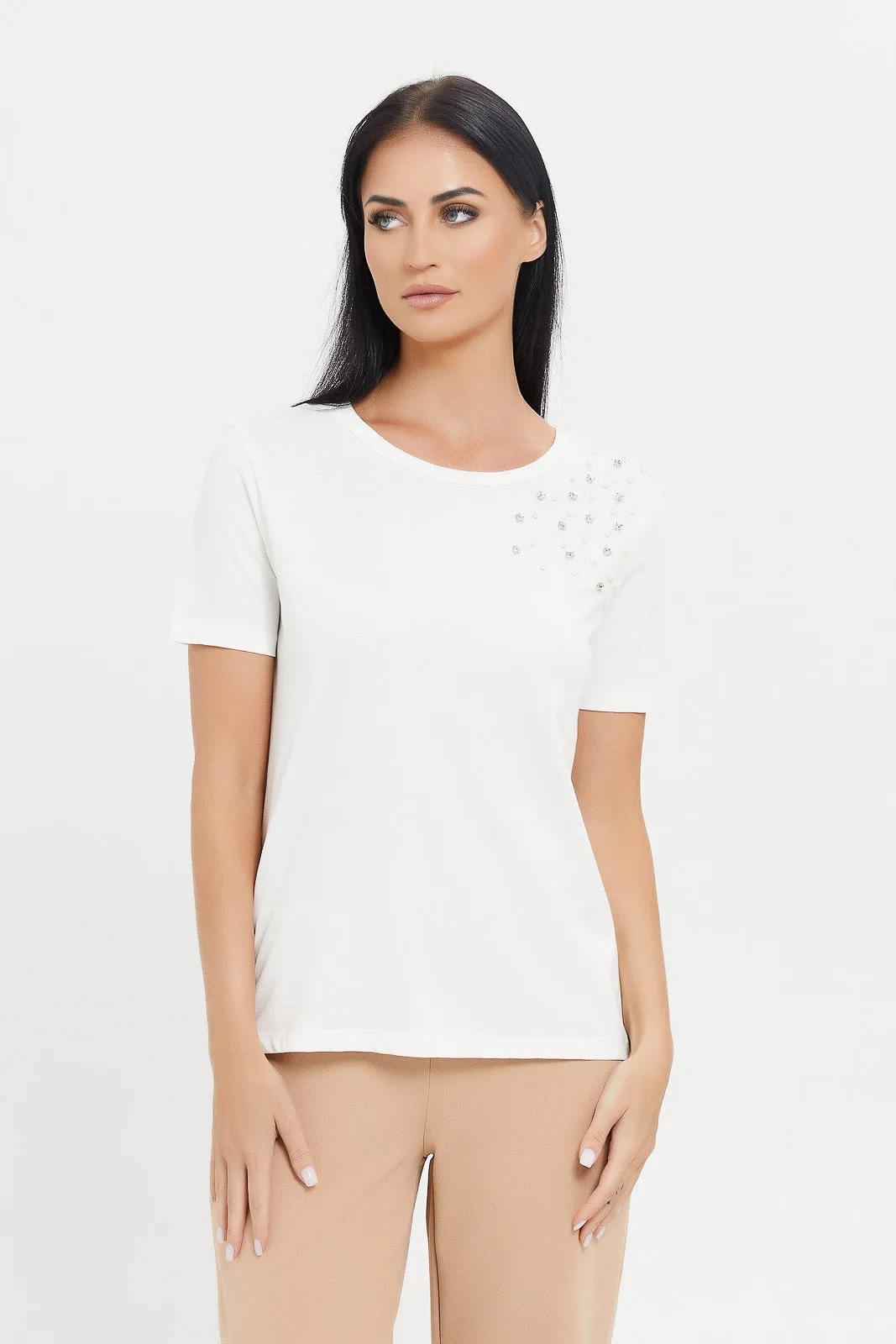 Women Cream Shoulder Embellished T-Shirt