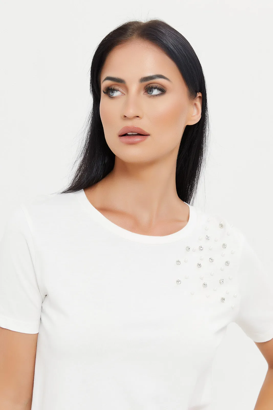 Women Cream Shoulder Embellished T-Shirt