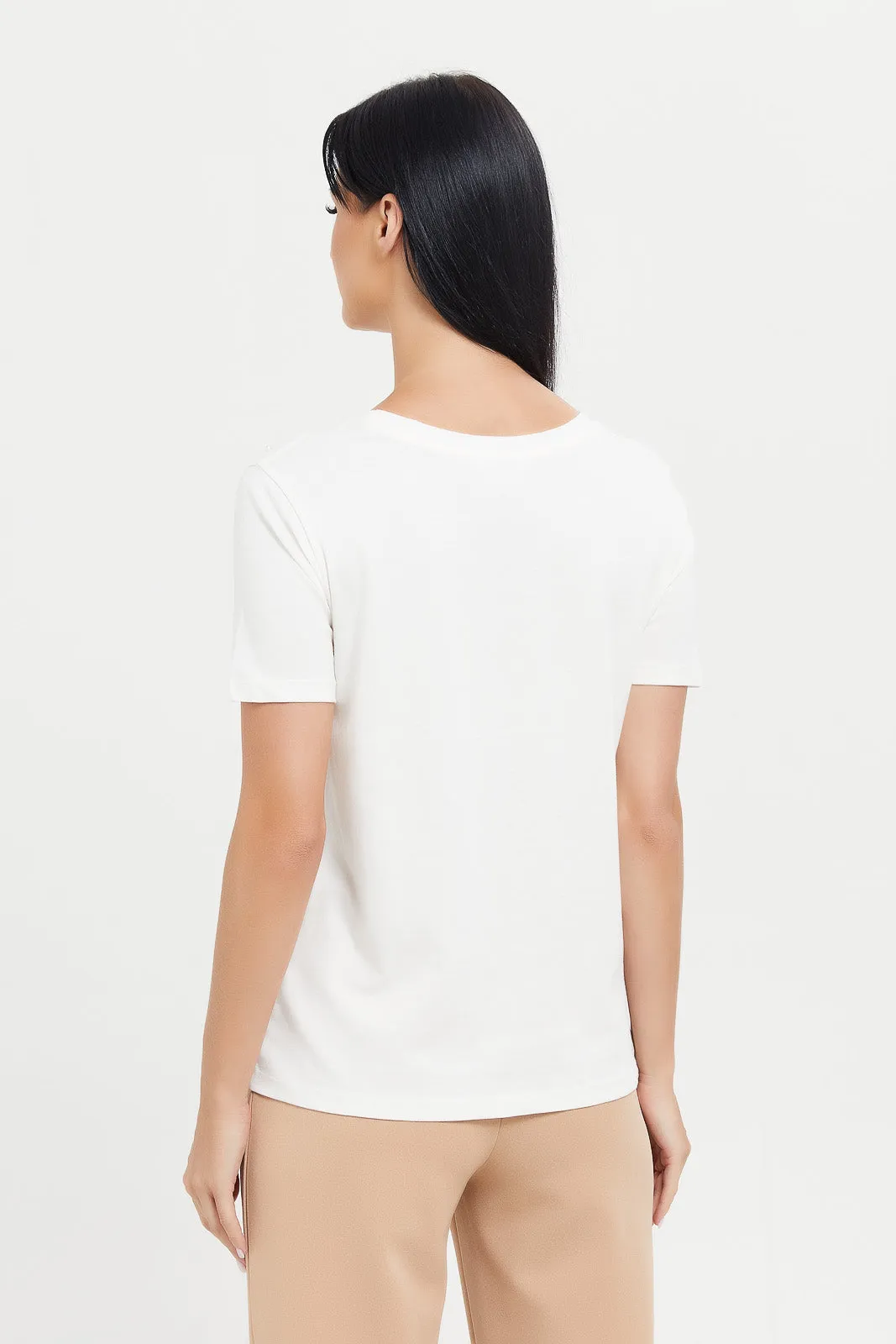 Women Cream Shoulder Embellished T-Shirt