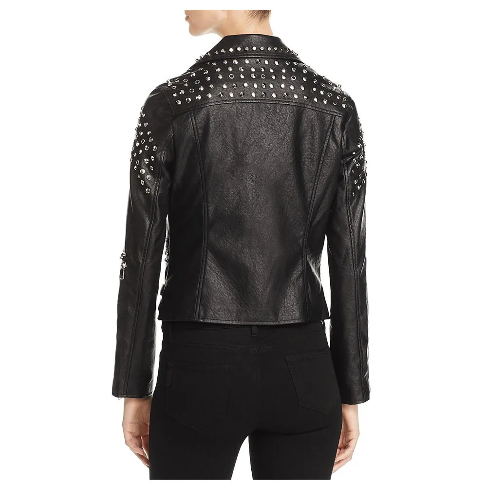 Women Lambskin Leather Stud Pin Biker Jacket