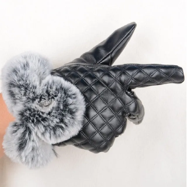 Women PU Leather Gloves Imitated Rabbit Fur Thick Warm Winter and Autumn Female Gloves(Black)