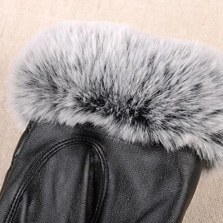 Women PU Leather Gloves Imitated Rabbit Fur Thick Warm Winter and Autumn Female Gloves(Black)