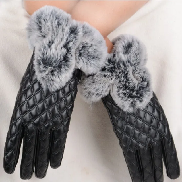 Women PU Leather Gloves Imitated Rabbit Fur Thick Warm Winter and Autumn Female Gloves(Black)