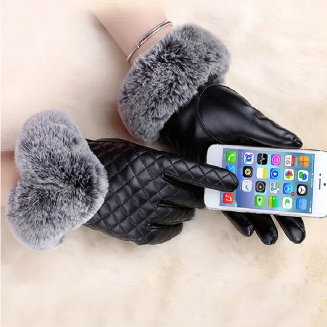 Women PU Leather Gloves Imitated Rabbit Fur Thick Warm Winter and Autumn Female Gloves(Black)