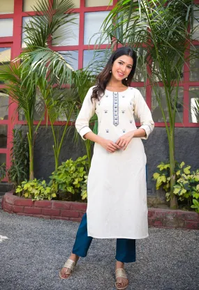 Women White & Blue Straight Kurta Set