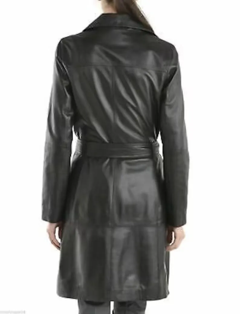 Women's Black Leather Double Breasted Trench Long Coat