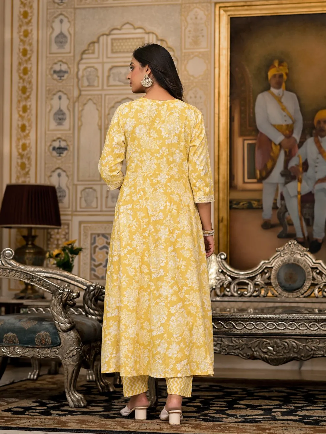 Yellow Floral Printed Rayon Kurta With Pant And Dupatta With Thread & Sequins Work