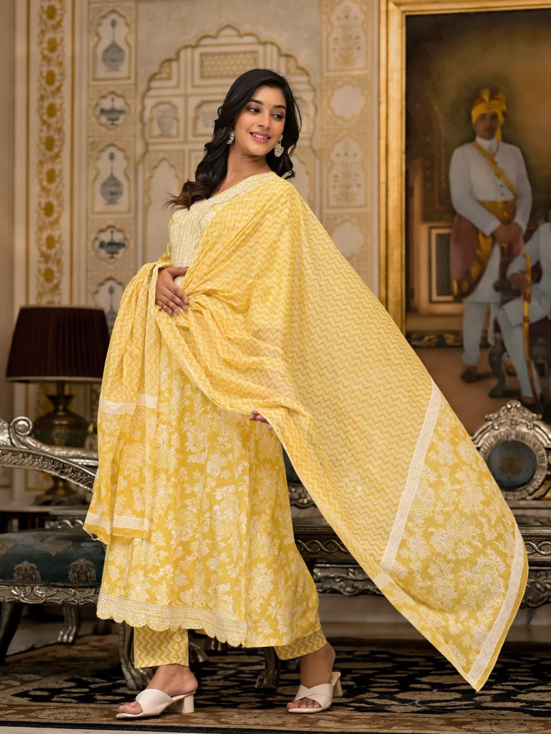 Yellow Floral Printed Rayon Kurta With Pant And Dupatta With Thread & Sequins Work