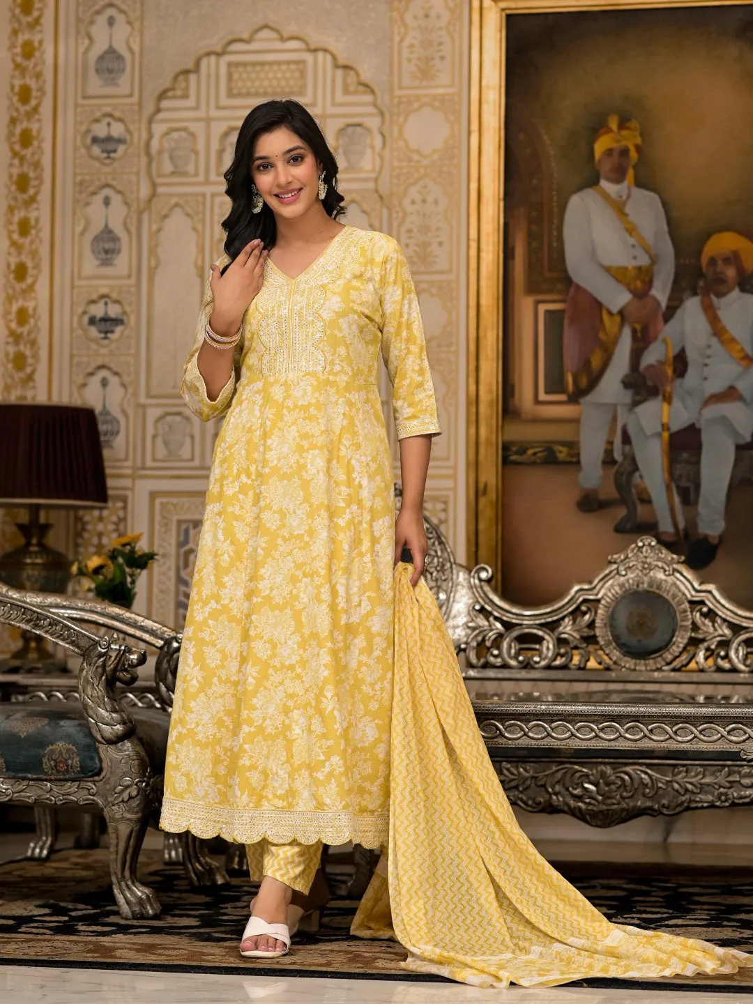 Yellow Floral Printed Rayon Kurta With Pant And Dupatta With Thread & Sequins Work