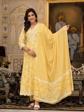 Yellow Floral Printed Rayon Kurta With Pant And Dupatta With Thread & Sequins Work