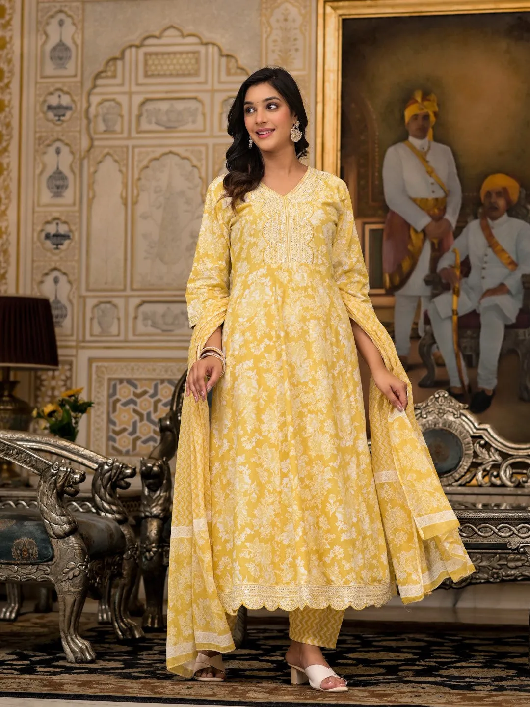 Yellow Floral Printed Rayon Kurta With Pant And Dupatta With Thread & Sequins Work