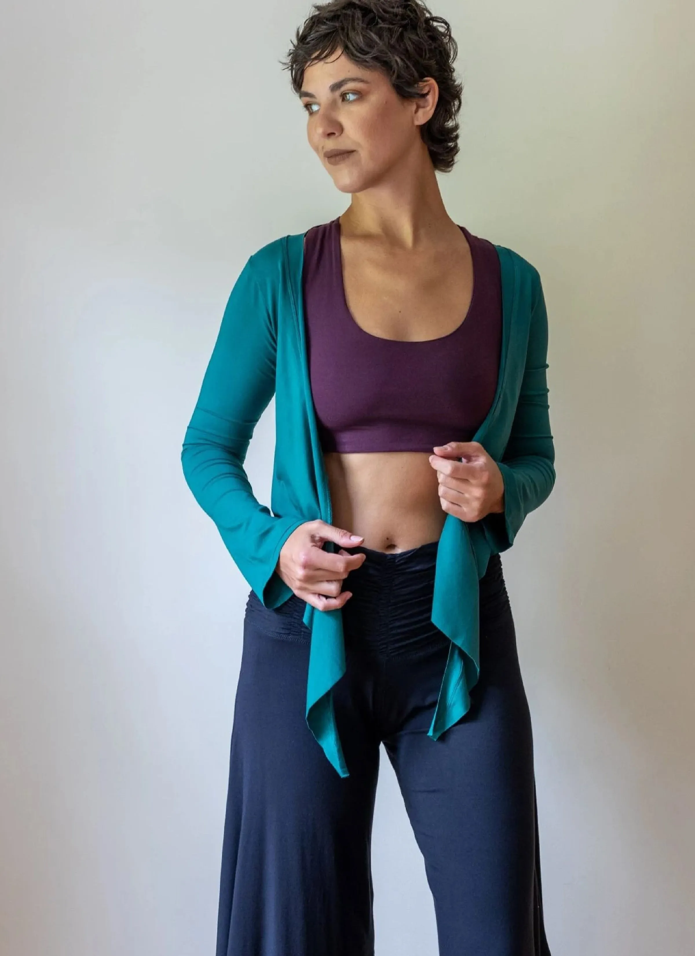 Yoga Wrap Ballet Jacket w/ Front Tie in Jasper Green