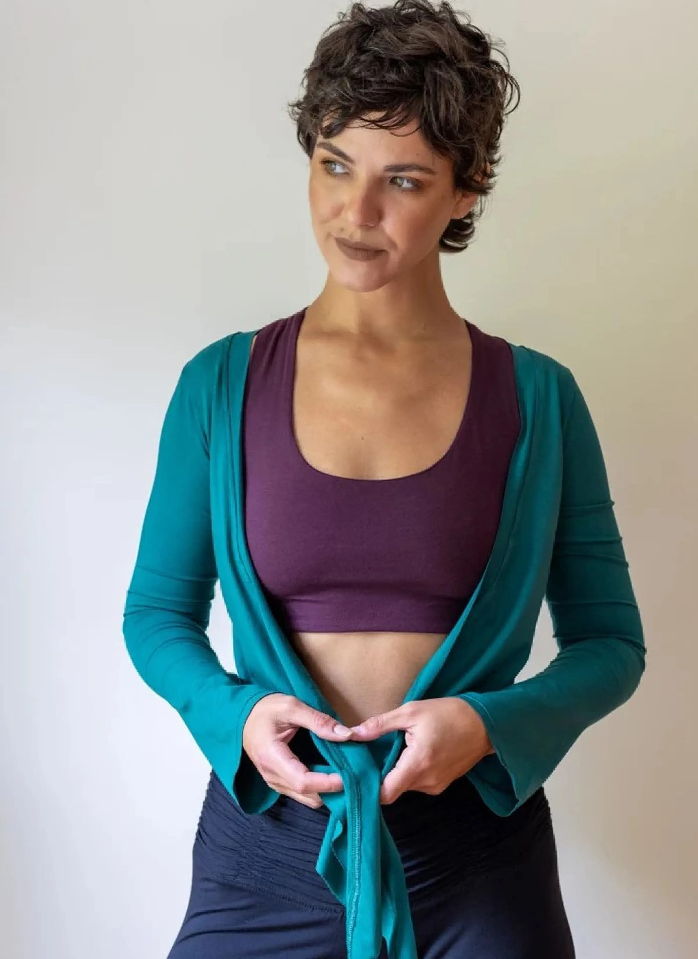 Yoga Wrap Ballet Jacket w/ Front Tie in Jasper Green