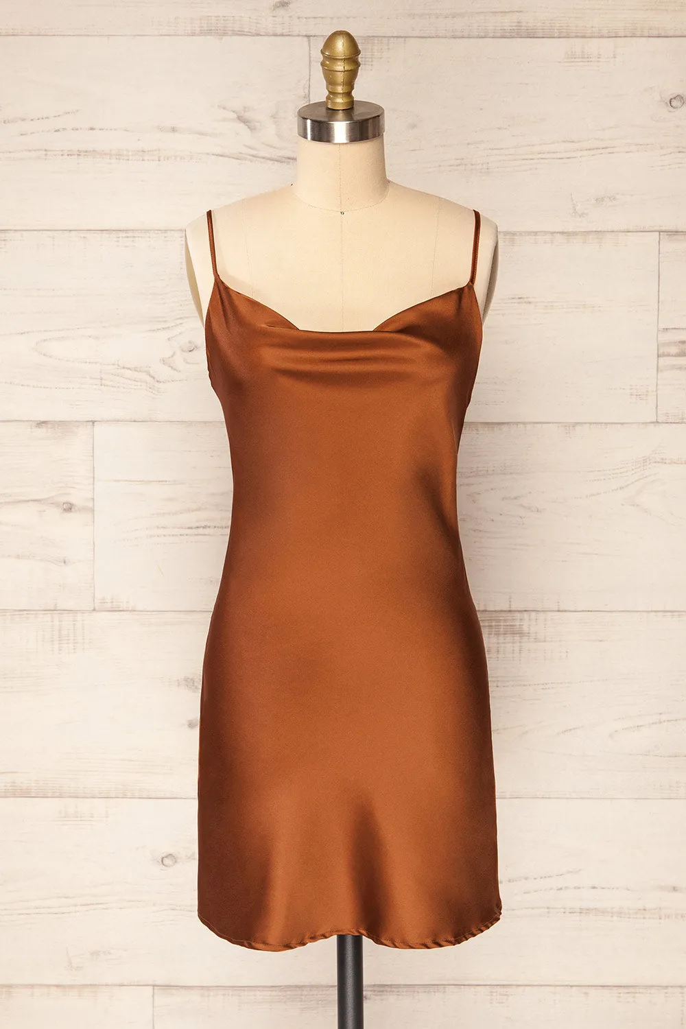 Youni | Short Brown Satin Slip Dress