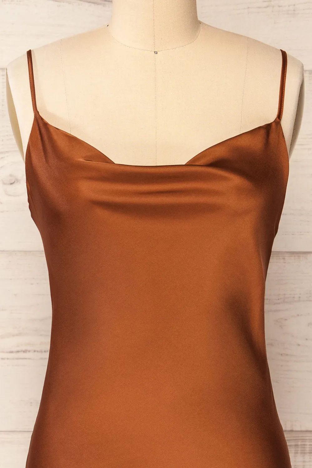 Youni | Short Brown Satin Slip Dress