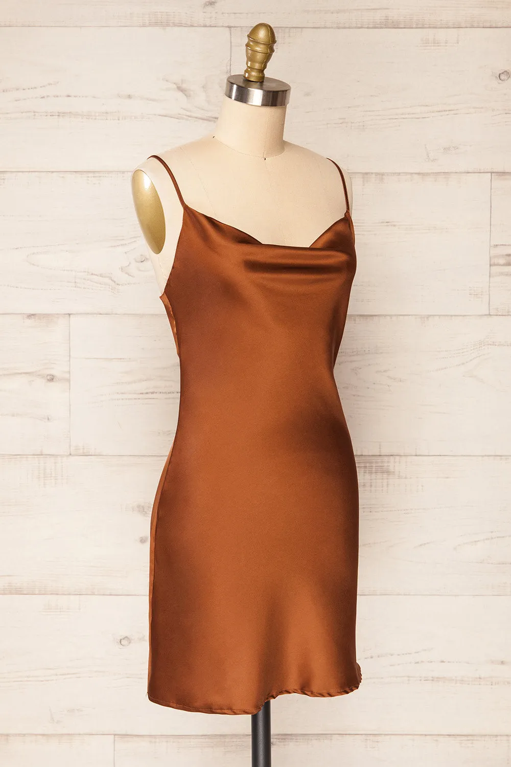 Youni | Short Brown Satin Slip Dress