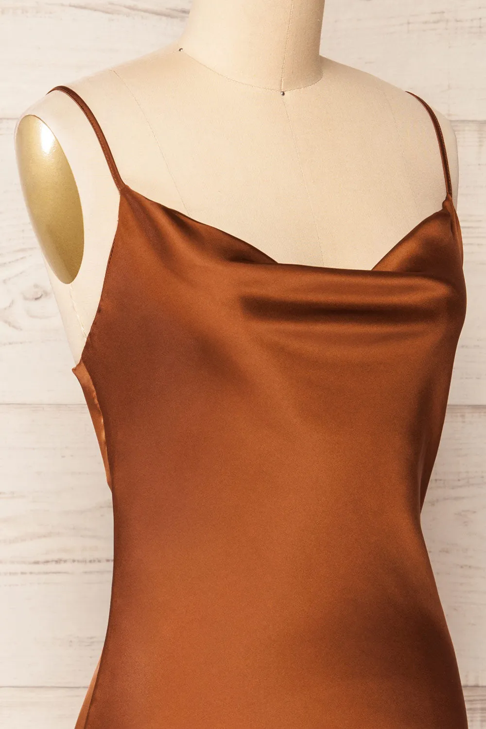 Youni | Short Brown Satin Slip Dress