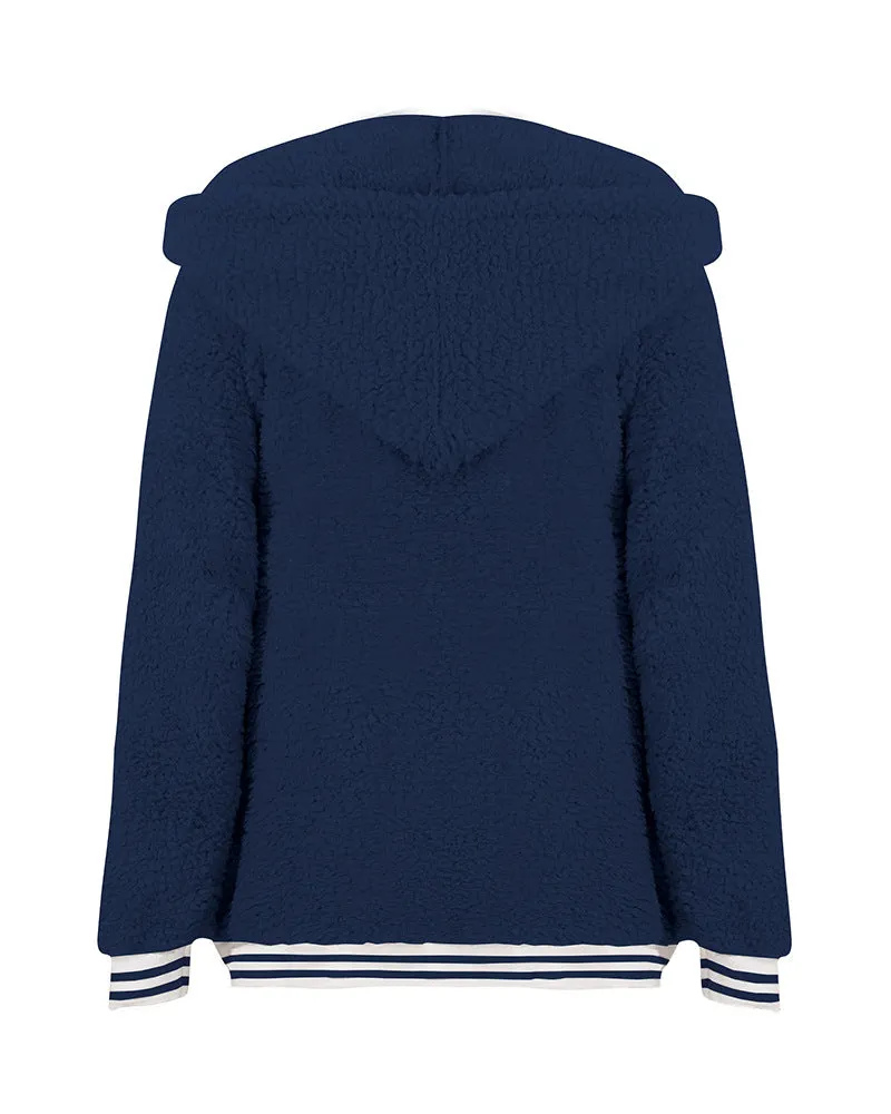 Zip Up Long Sherpa Jacket With Hood Fluffy Fleece in Navy