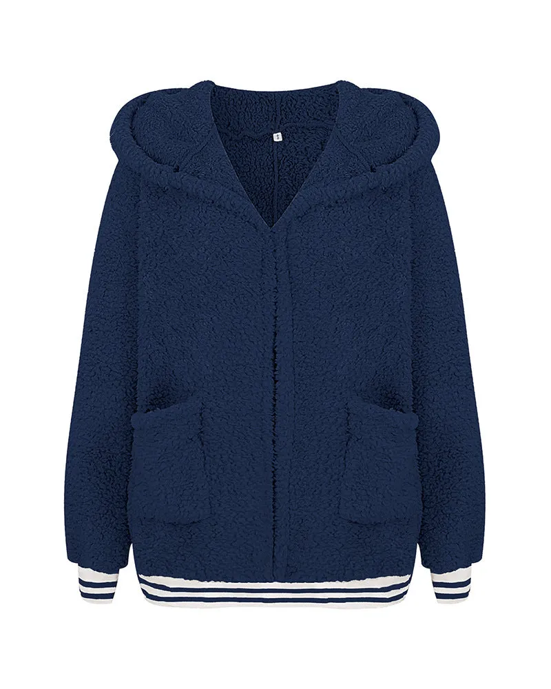 Zip Up Long Sherpa Jacket With Hood Fluffy Fleece in Navy