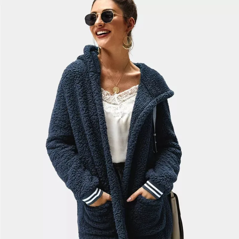 Zip Up Long Sherpa Jacket With Hood Fluffy Fleece in Navy